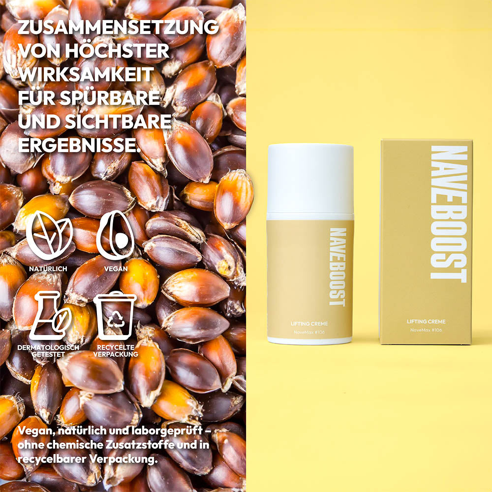 Anti-Aging Creme mit natürlichen Inhaltsstoffen, wie Hyaluron, Peptiden und pflanzlichem Kollagen