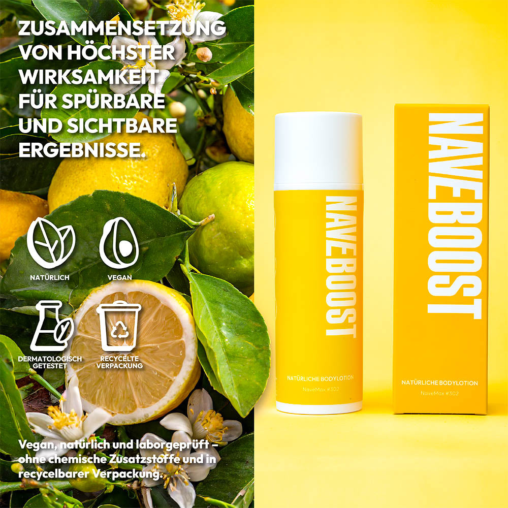 Bodylotion in einem modernen Design mit frischen Pflanzen im Hintergrund