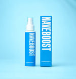 Magnesiumspray auf blauem Hintergrund, Fokus auf minimalistisches Design