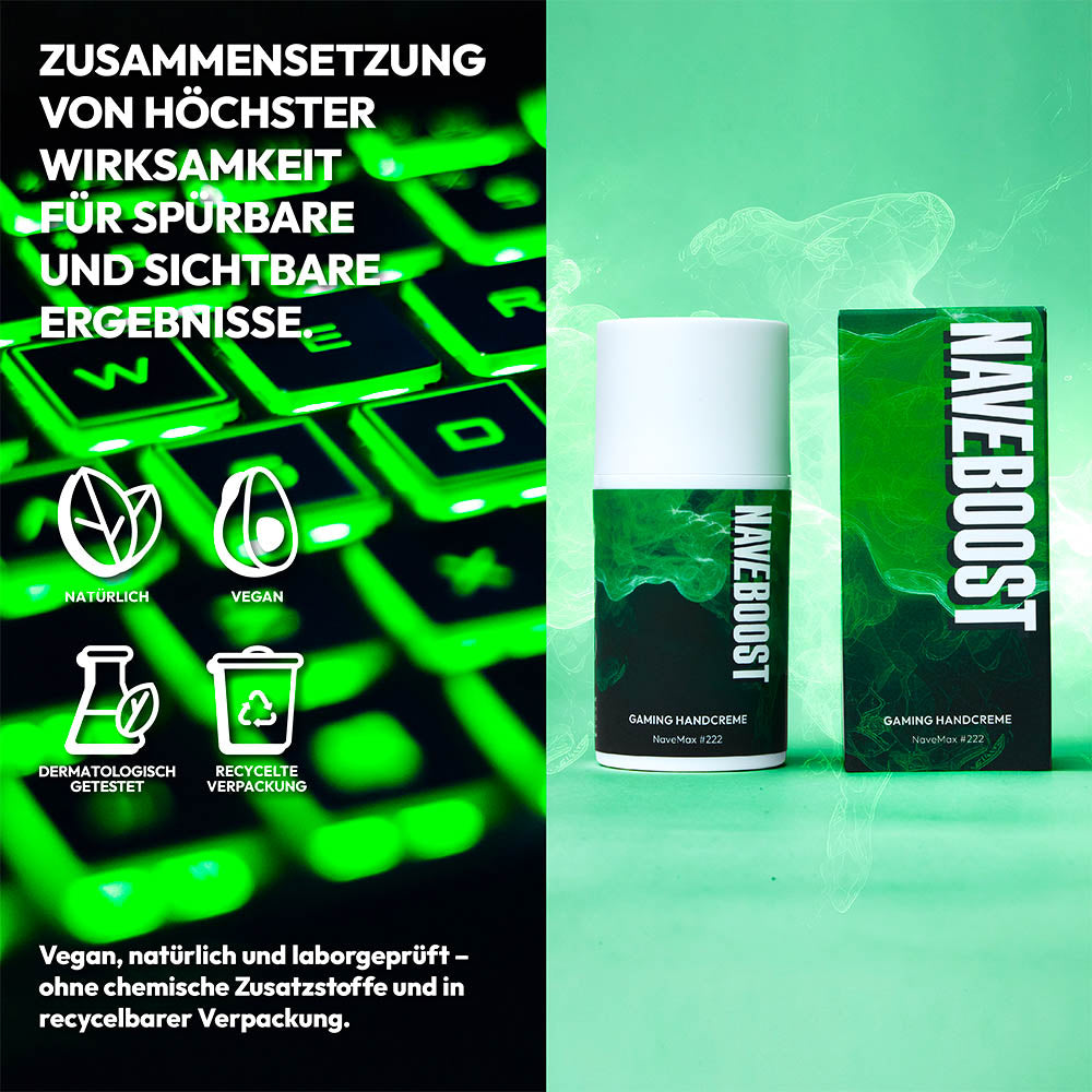 Gaming-Handcreme neben Tastatur und Maus, bereit für den Einsatz während intensiver Gaming-Sessions.