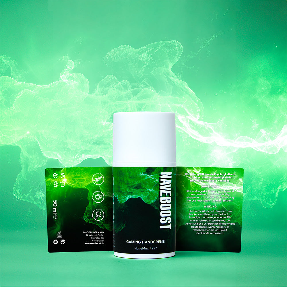 Verpackung der Gaming-Handcreme mit pflegenden und schützenden Inhaltsstoffen.