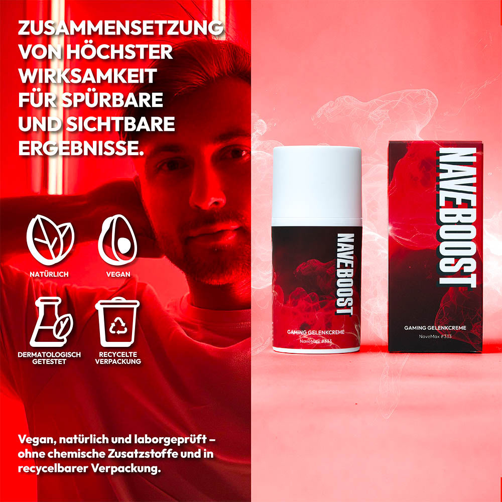 Produktpräsentation der Gaming Gelenkcreme – Perfekt für Regeneration und Gaming-Sessions.